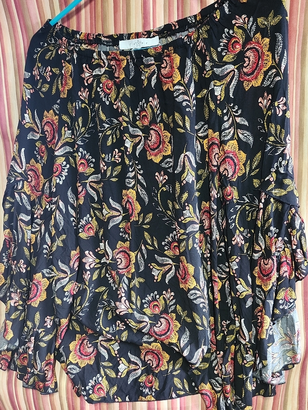 Fever Black Floral Off-Shoulder Blouse with Pink and Gold Accents